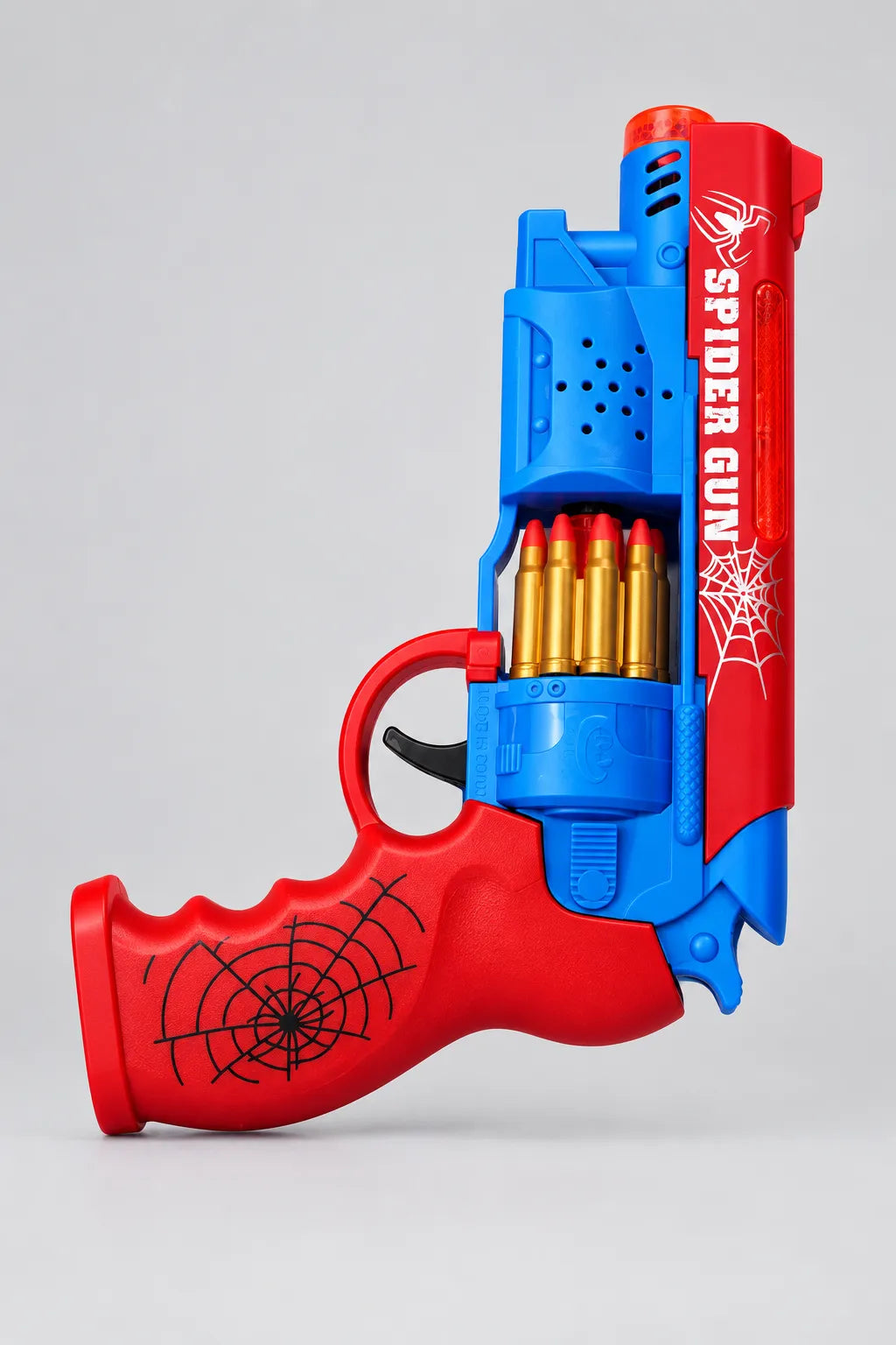 Angled view of the red-and-blue Spider toy gun showing the web-pattern grip and orange muzzle
