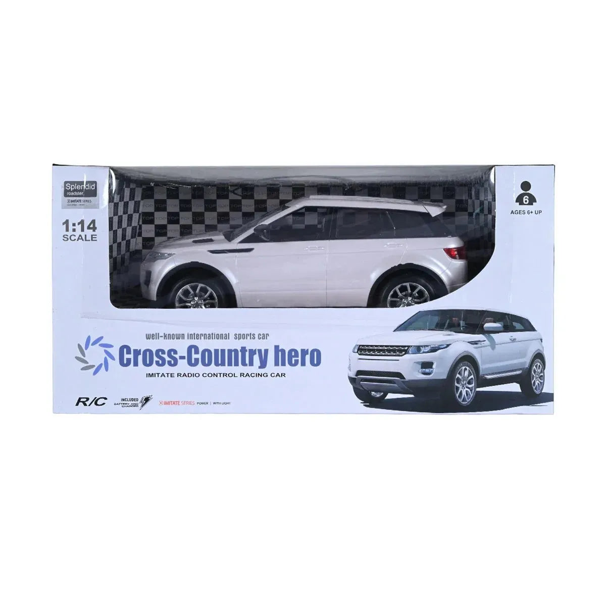 White 1:14 scale RC car in retail box, side angle view.