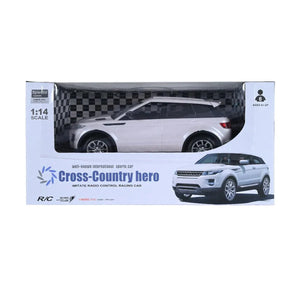 White 1:14 scale RC car in retail box, side angle view.