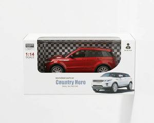 Red 1:14 scale RC car in retail box with clear window.