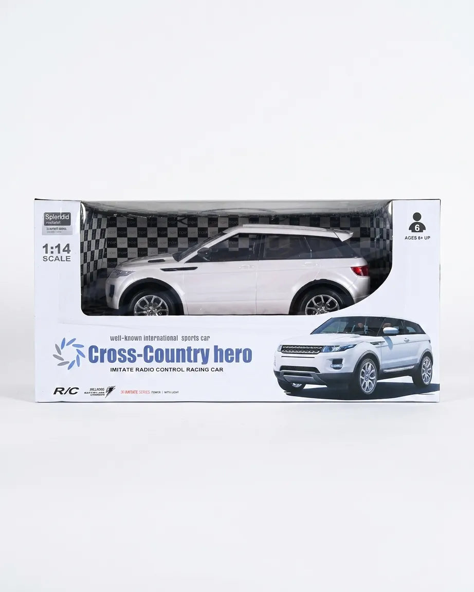 White 1:14 scale RC car in retail box with clear window.