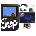 Black SUP 400-in-1 handheld game box shown with packaging, USB cable, AV cable, battery and manual