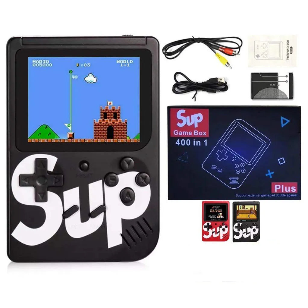 Black SUP 400-in-1 handheld game box shown with packaging, USB cable, AV cable, battery and manual