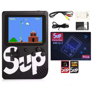 Black SUP 400-in-1 handheld game box shown with packaging, USB cable, AV cable, battery and manual
