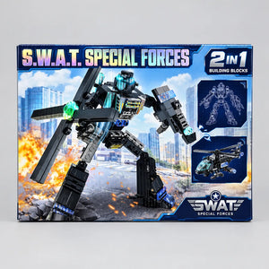 SWAT 2-in-1 building blocks box showing the robot build and alternative helicopter model