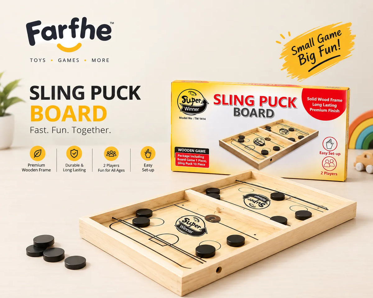 Farfhe wooden Sling Puck Board game with black pucks and Super Winner box, 2-player tabletop game
