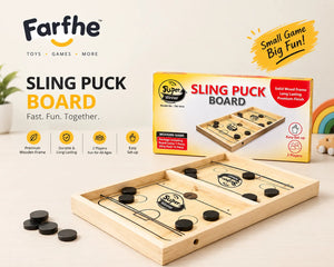 Farfhe wooden Sling Puck Board game with black pucks and Super Winner box, 2-player tabletop game