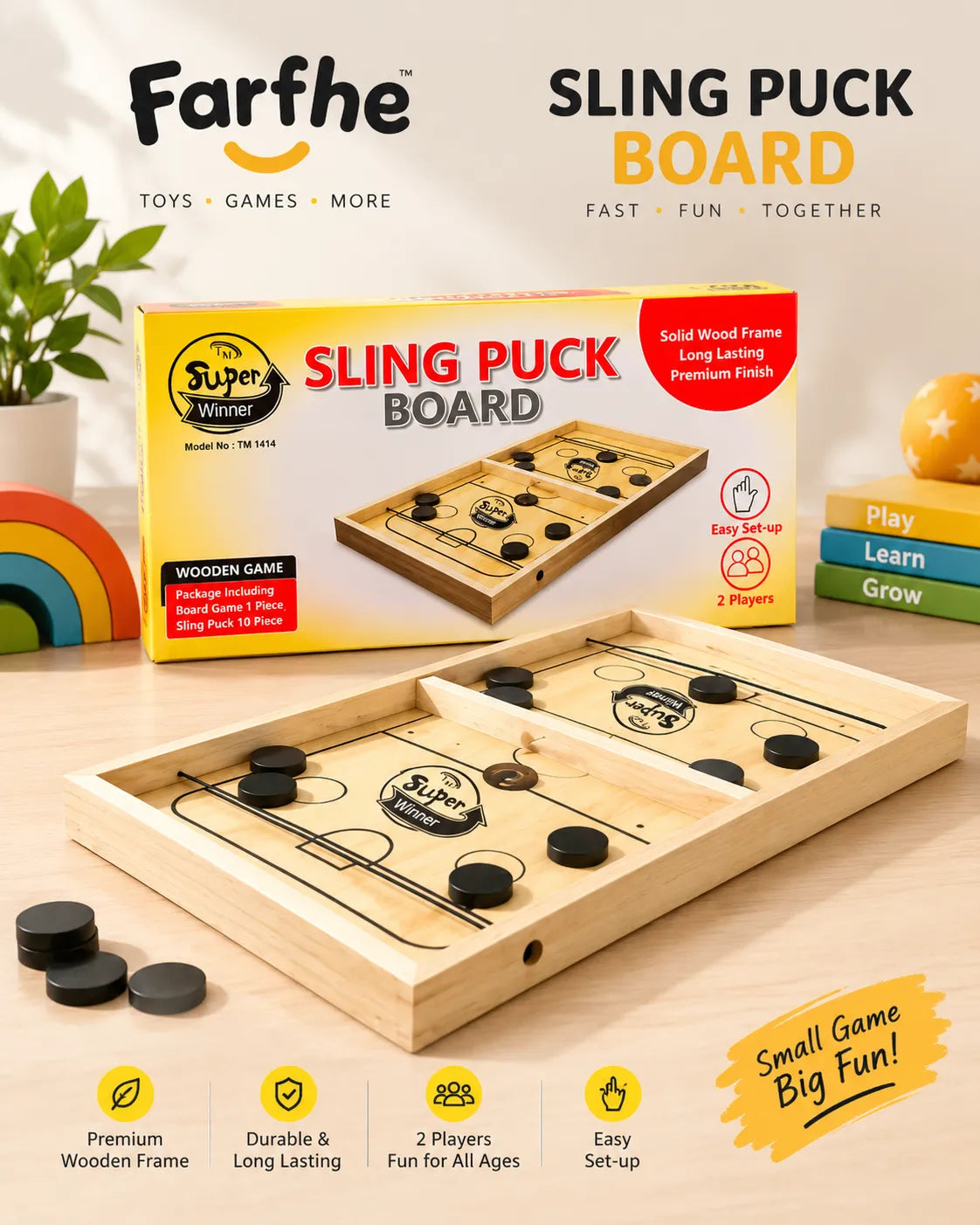 Wooden Sling Puck Board with 10 pucks and retail box, easy set-up 2-player game for all ages