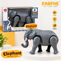 Grey walking elephant toy beside its box, showing sound, light and walking functions, ages 3+