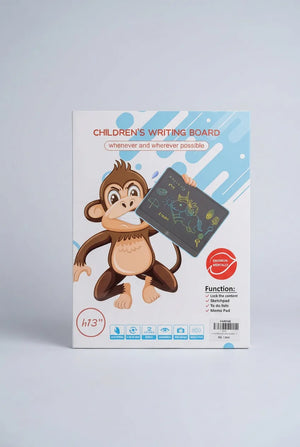 Back packaging of the children's LCD writing board showing pen, erase and lock instructions and care warnings