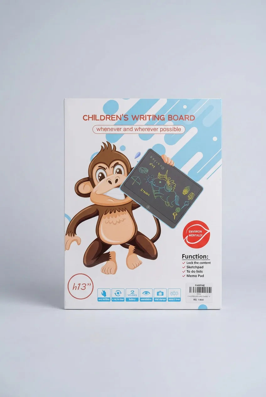 Back packaging of the children's LCD writing board showing pen, erase and lock instructions and care warnings