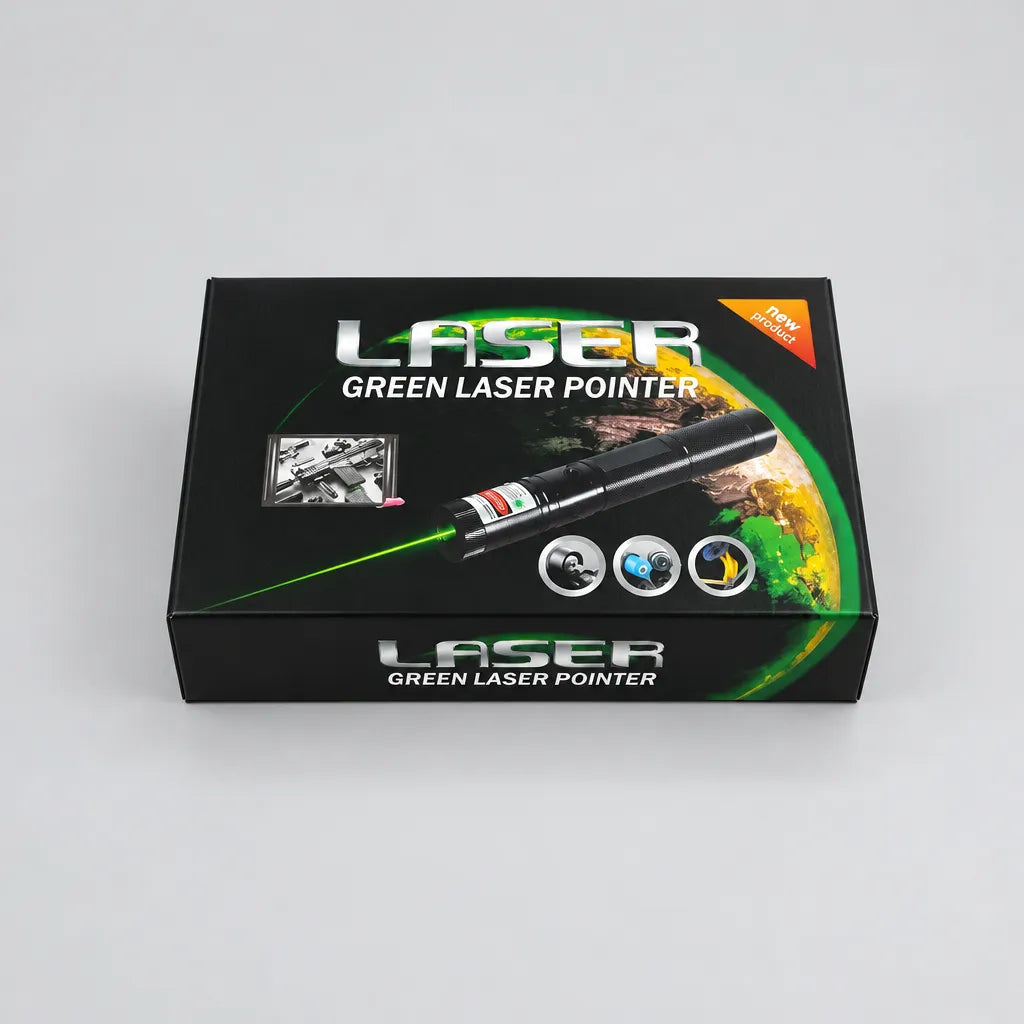 Front of the black green laser pointer box showing the handheld pointer and green beam illustration